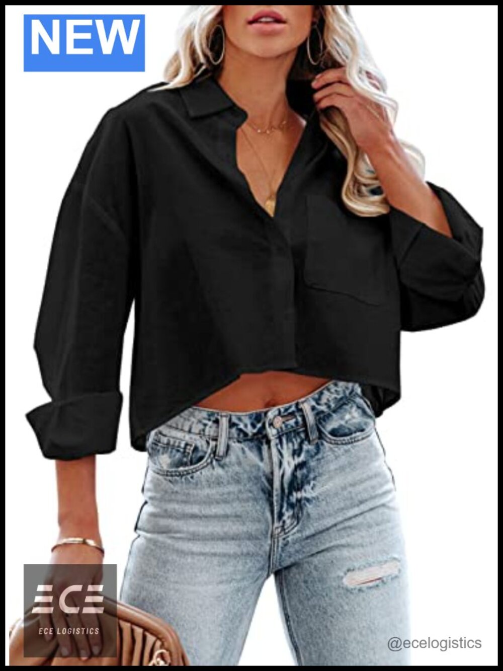 Women's 100% Cotton Cropped Button Down Shirt Long Sleeve Collared Blouse